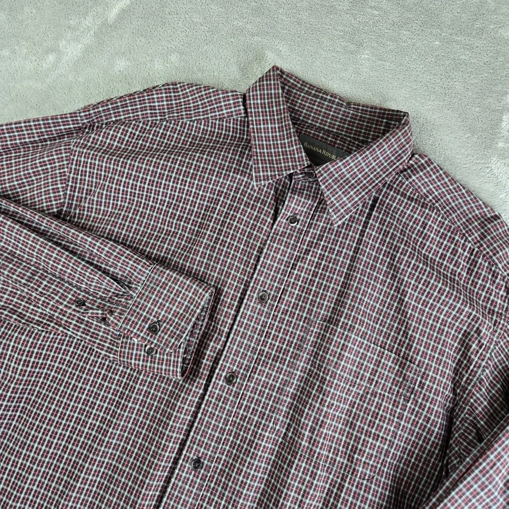 Banana Republic Shirt Mens XL Gray Red Checkered Long Sleeve Casual Career Work